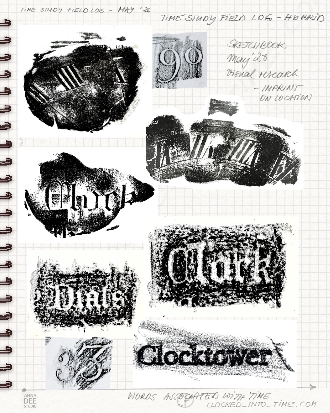 Time Study Field Look - Timekeeping Hyprid Digital Notebook , Anna Dee Studio Clocked into Time Imprints Site Specific Clock Typography 